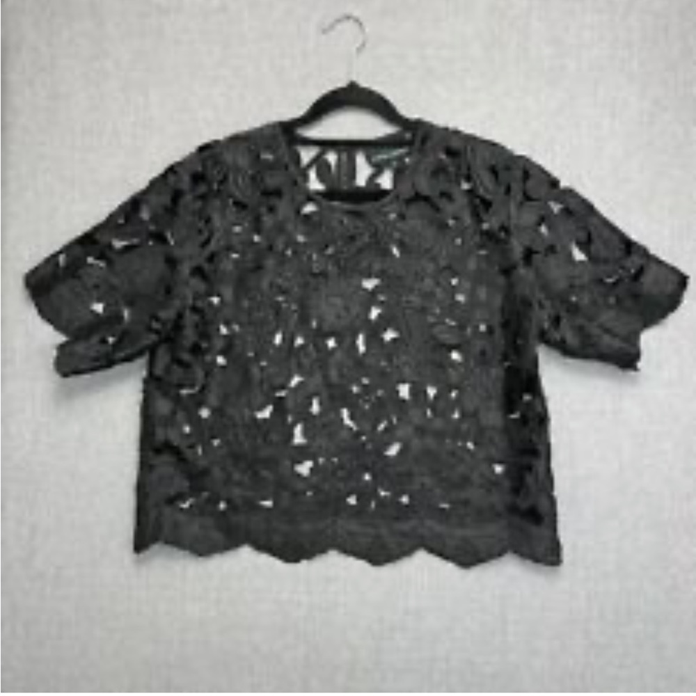 - Japna floral lace cutout blouse has mesh gold zippered size Large